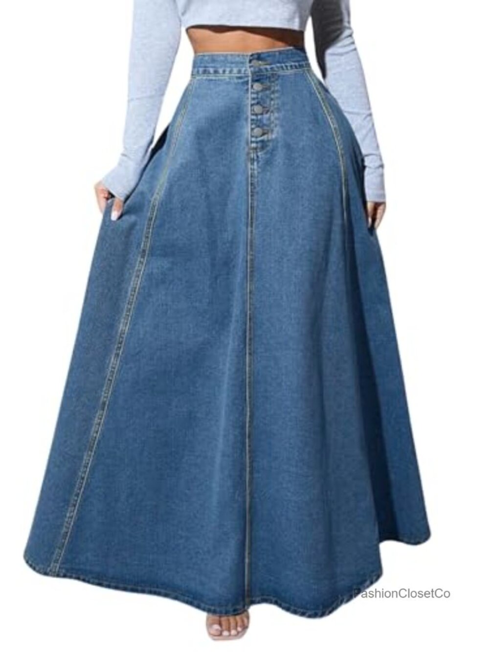 Retro High Waisted Button Fly Flared Long Jean Skirt Pleated Flowy Swing A-line